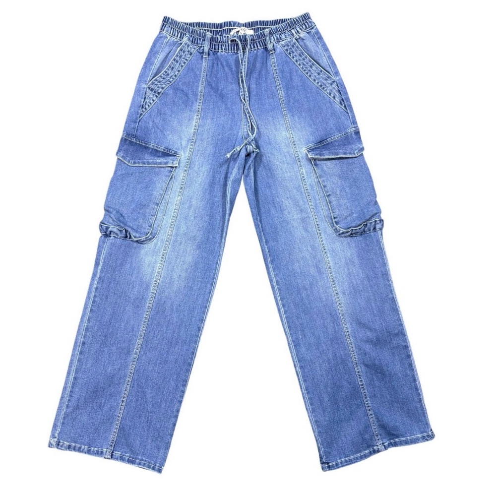 Madden NYC Denim Cargo Pants Size M Elastic Waist Drawstring Y2K Streetwear